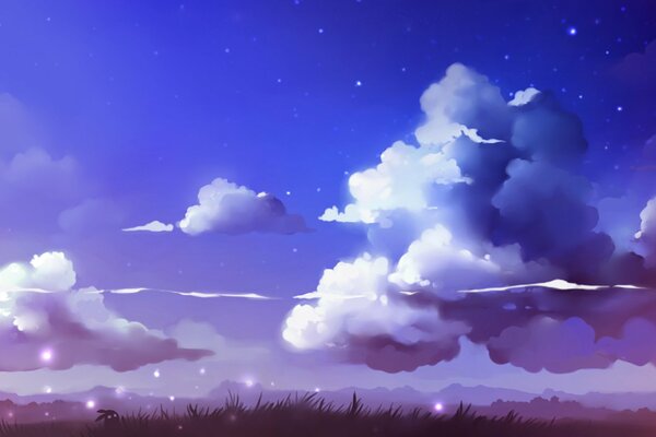 Abbildung eines Horizonts mit Wolken, Feld und Glühwürmchen