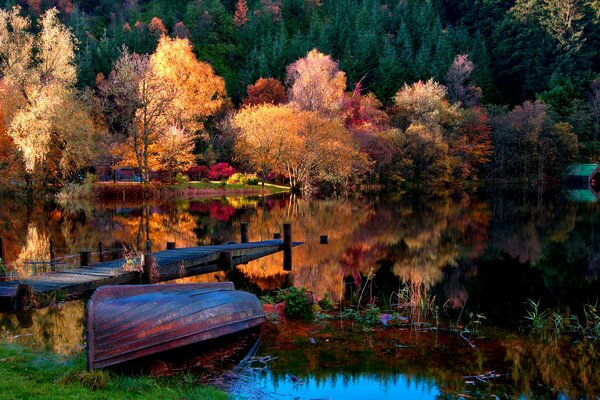 Image of nature, autumn forest and lake with a boat