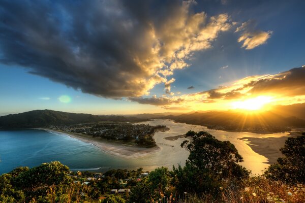 Panoramic view of the nature of New Zealand at sunset