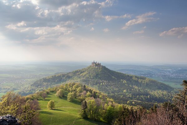 A castle in a valley surrounded by a forest