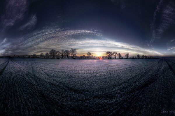 Sunrise on a lavender field, filmed with a fish eye