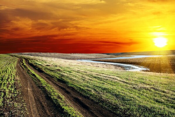 Camino rural en medio de una puesta de sol naranja