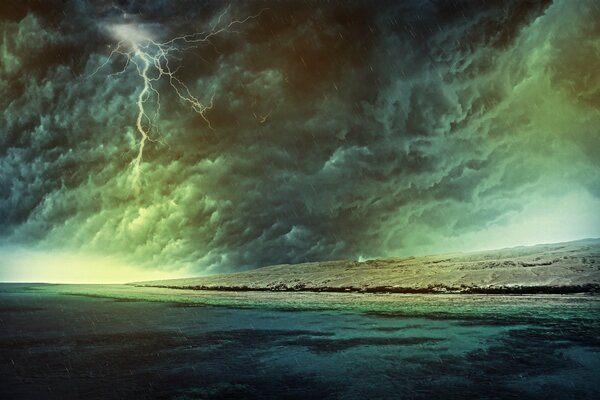 Tempête sur la mer foudre et nuages