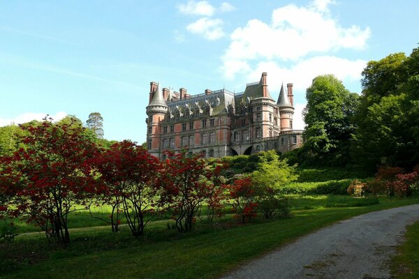 Ein altes Schloss, das an einem sonnigen Tag von üppigem Grün umgeben ist