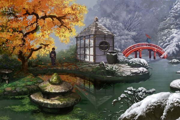 Casa cinese al punto d incontro dell autunno e dell inverno