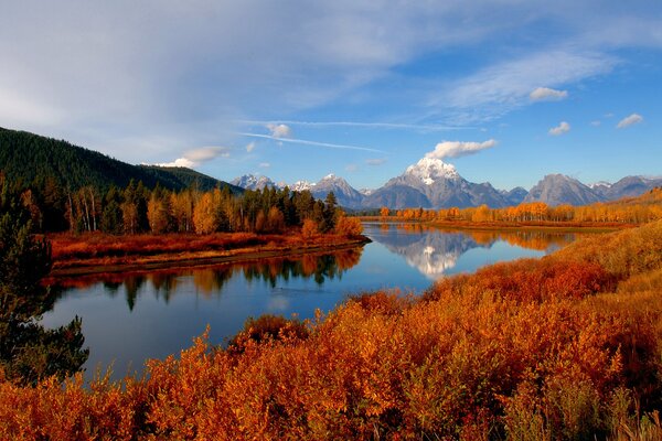 Autumn landscape. River and mountains