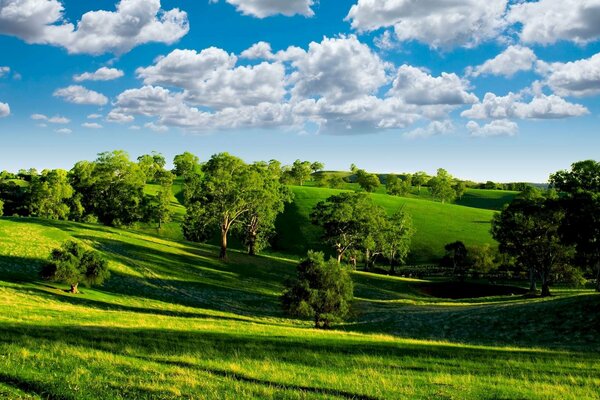 Photo of a green valley against a blue sky