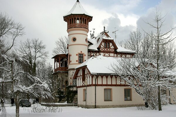 Snow-covered castle on a quiet winter morning