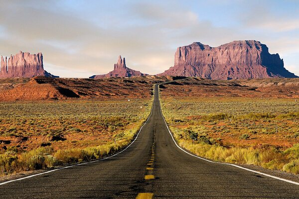 A road on a desert background with low grass leading to the mountains in the distance