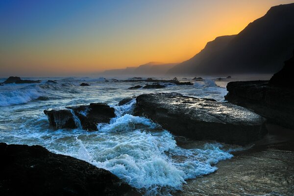 Evening landscape with sea surf