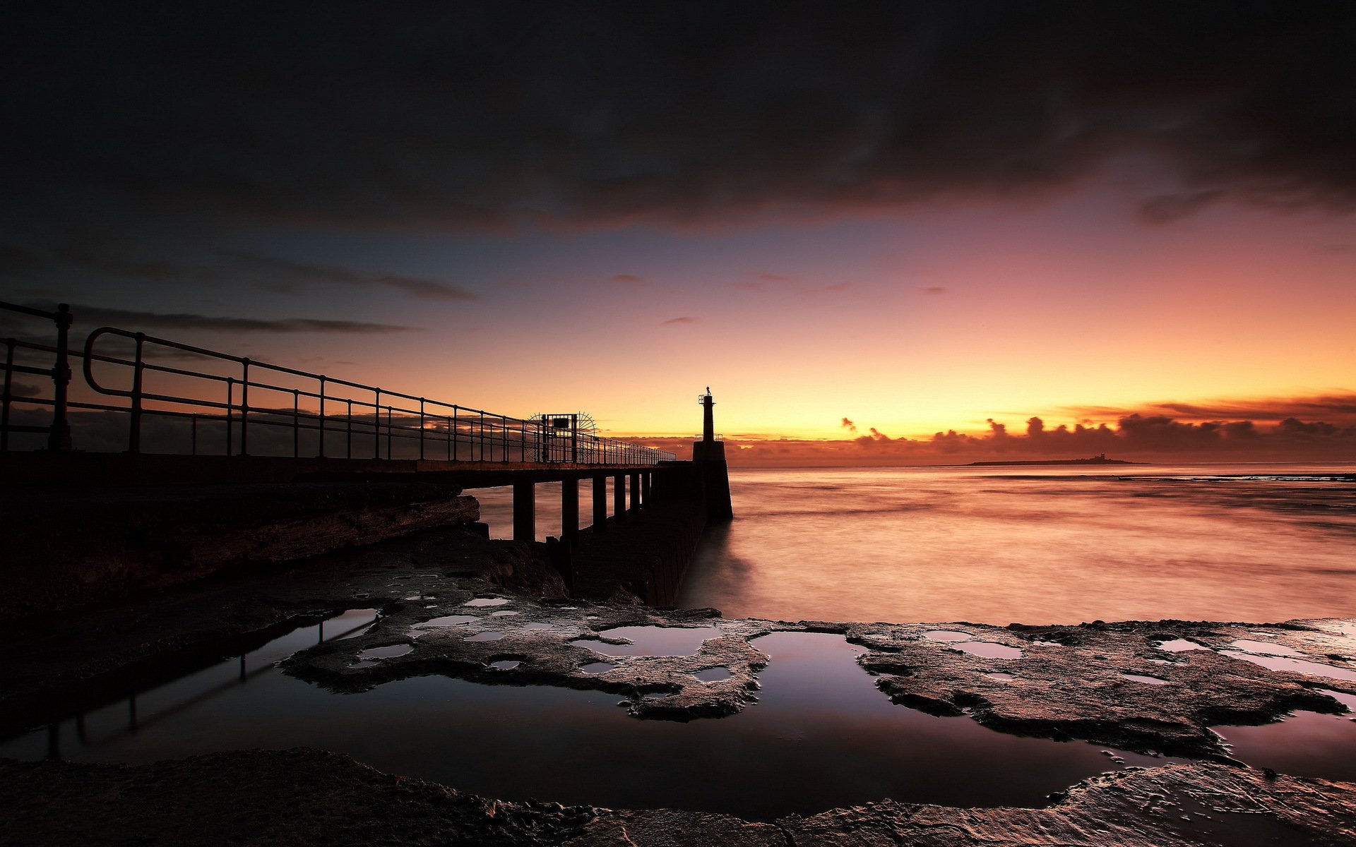 unset lake bridge landscape