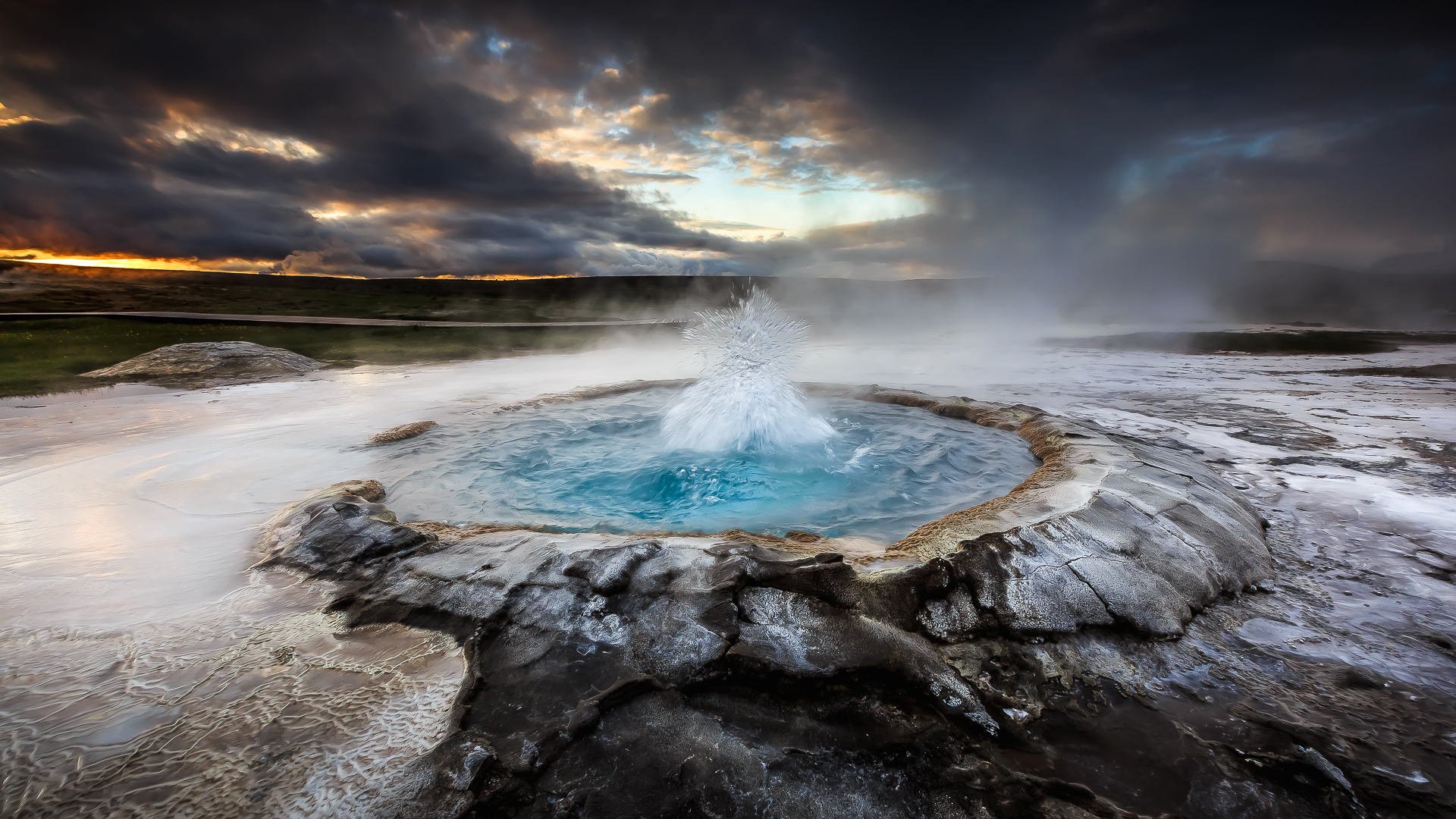 island gletscher geysir vulkan wasser sonnenuntergang himmel natur