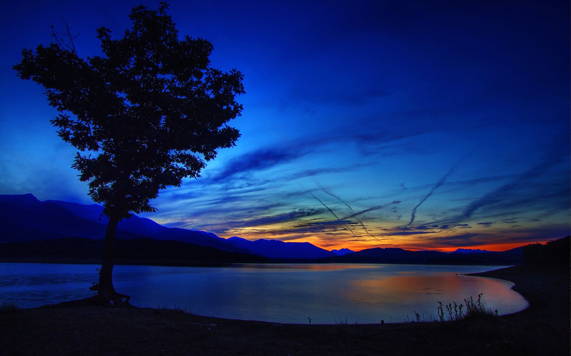 ky clouds sunset glow tree mountain lake nature