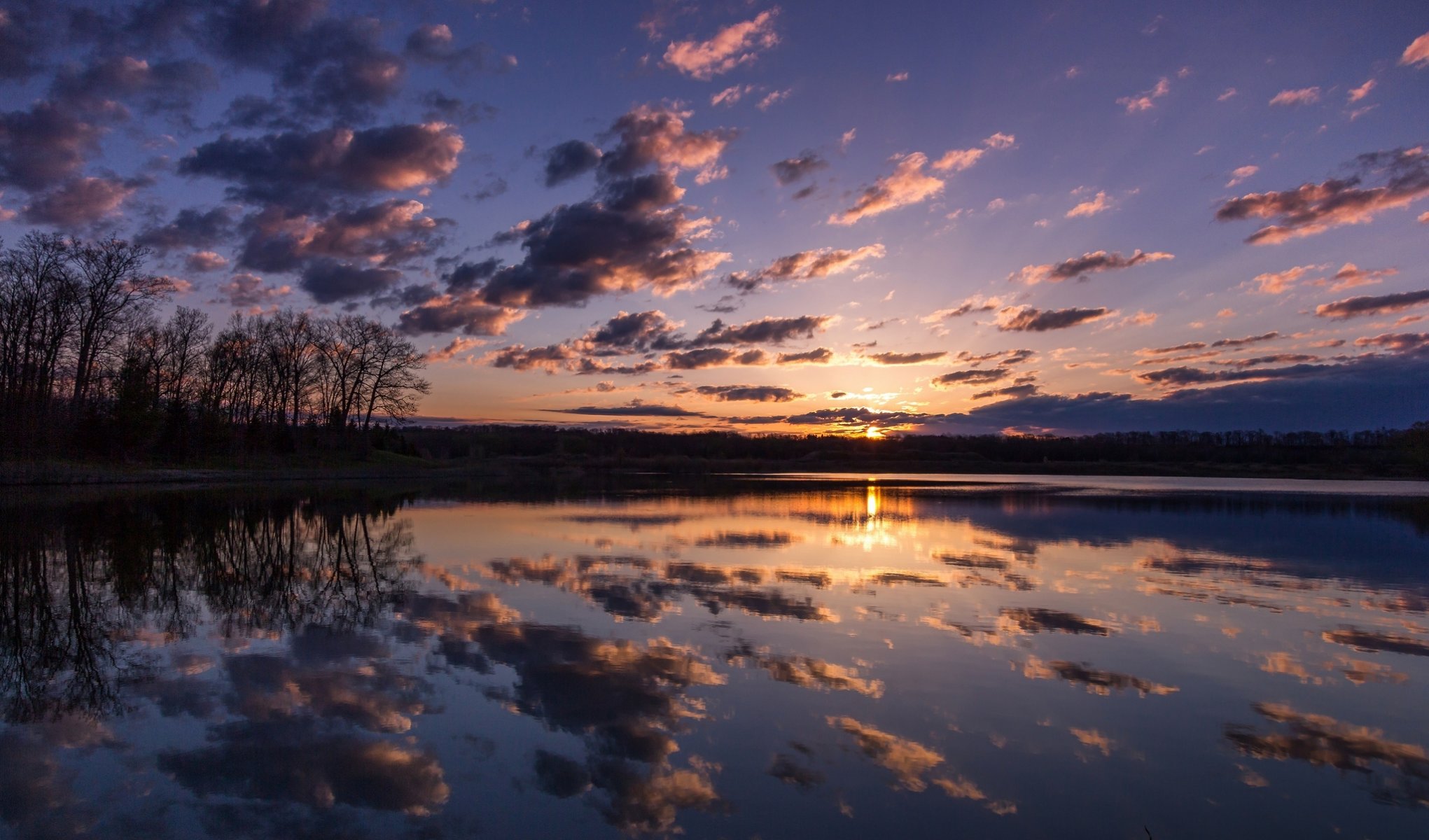 bäume wald see wolken reflexion morgen sonnenaufgang