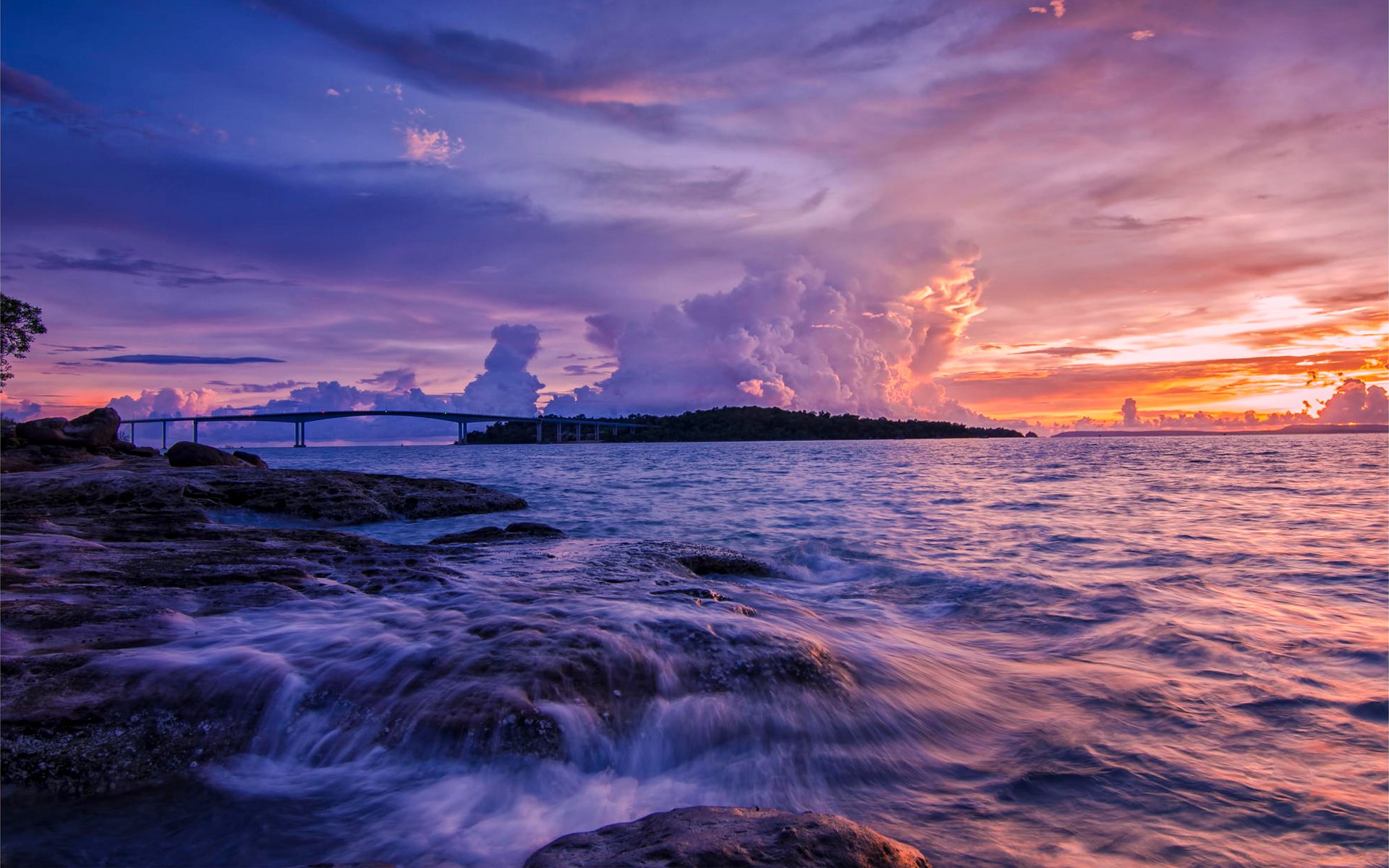 ky clouds sea bridge sunset stone