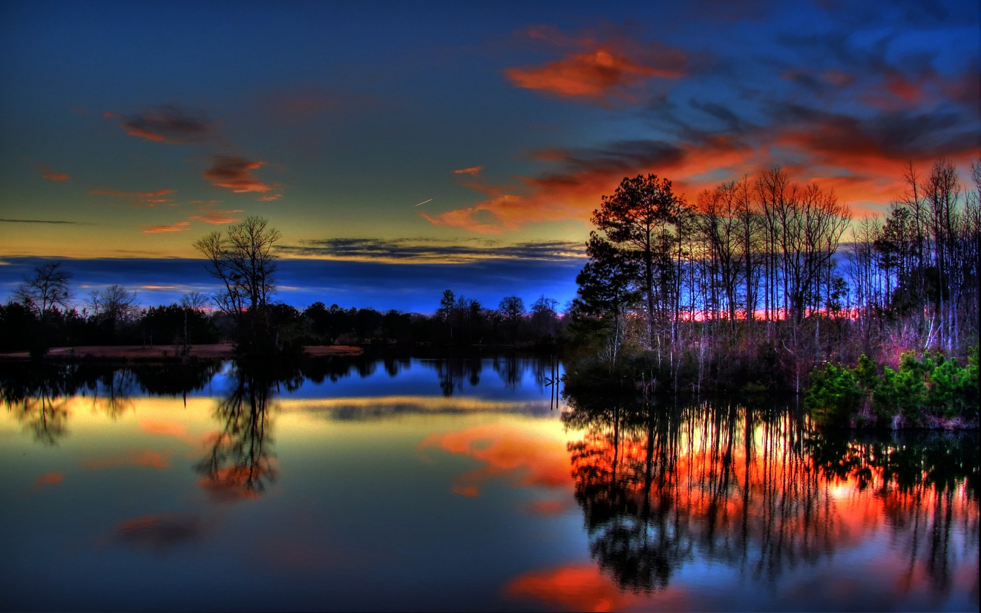 cielo nubes puesta de sol resplandor árboles lago