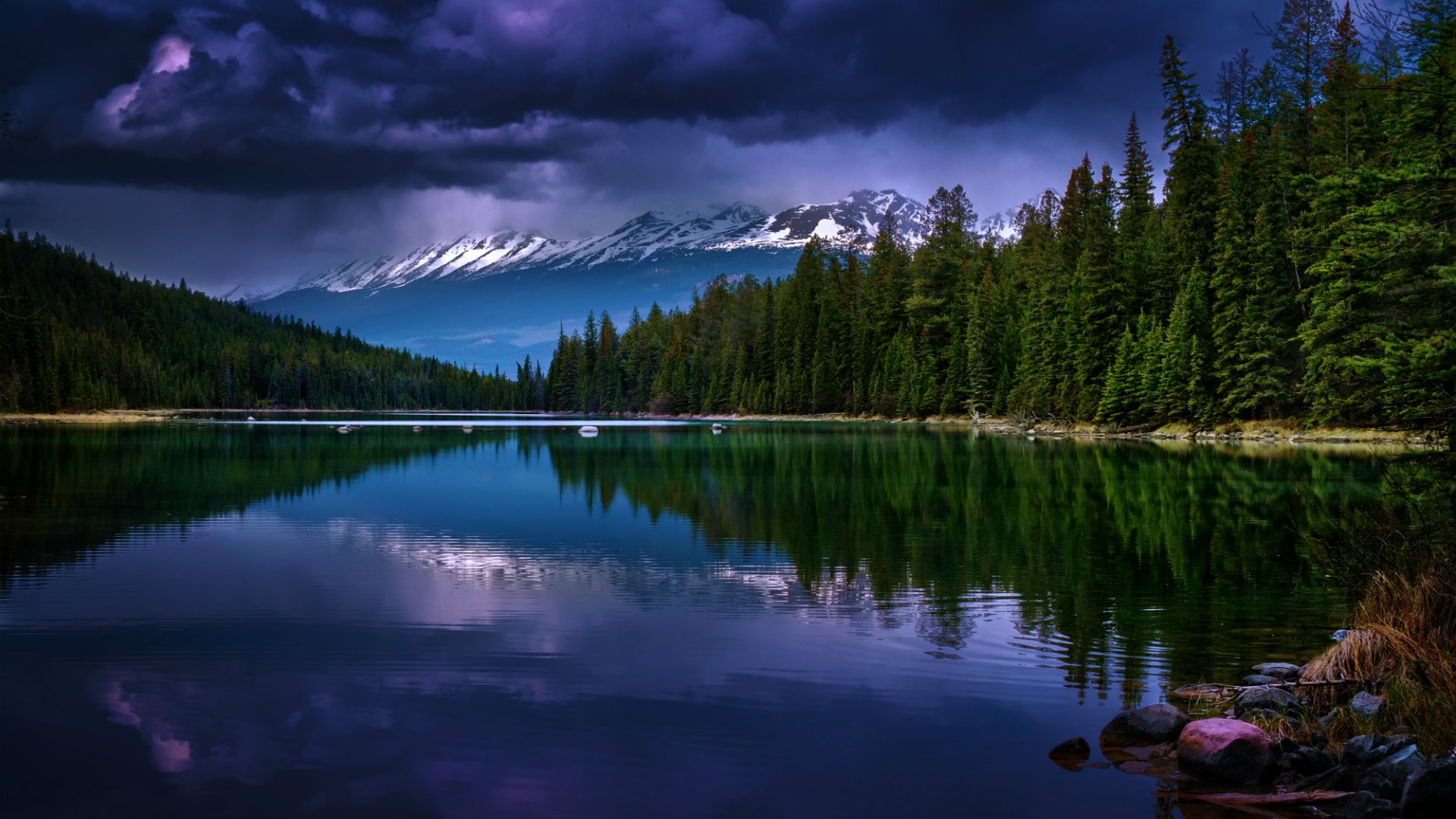 mountain lake water forest sky clouds twilight