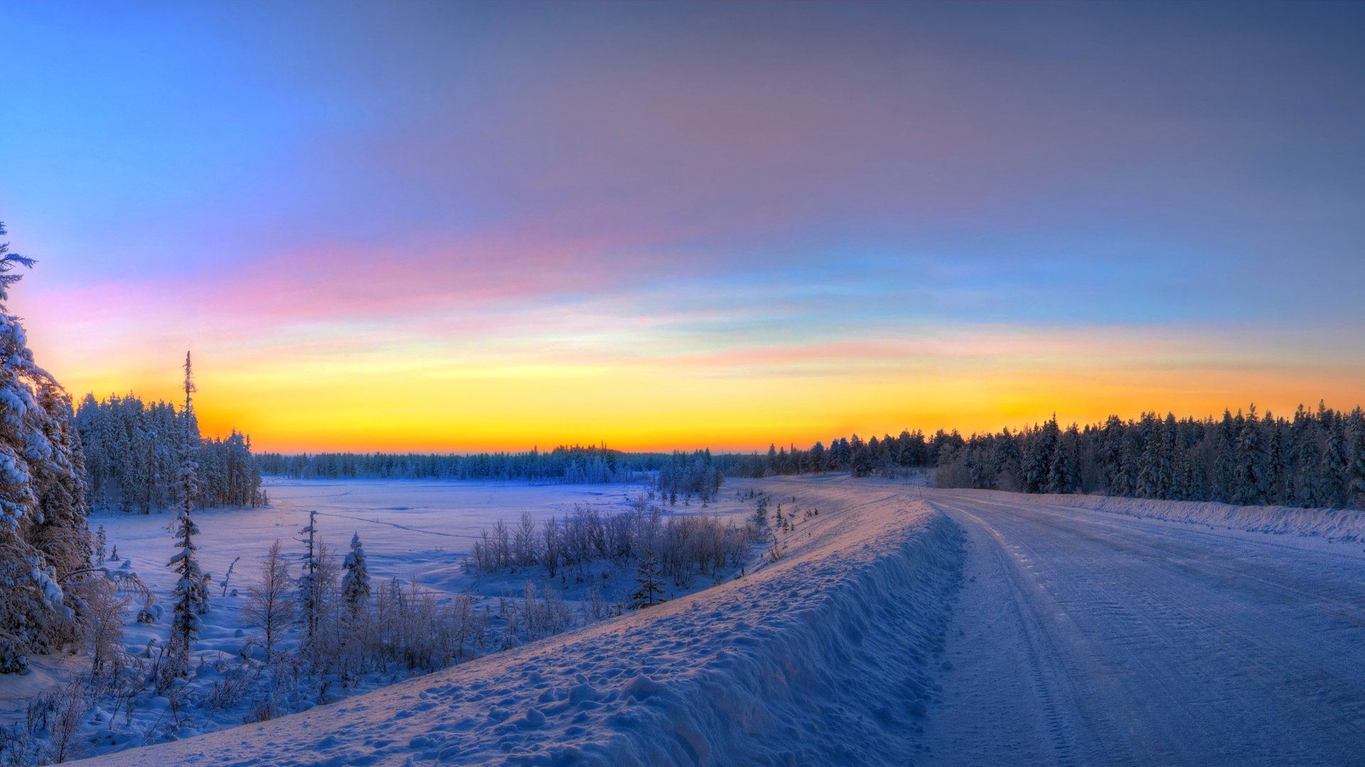 cielo puesta de sol invierno carretera nieve árboles abeto hdr