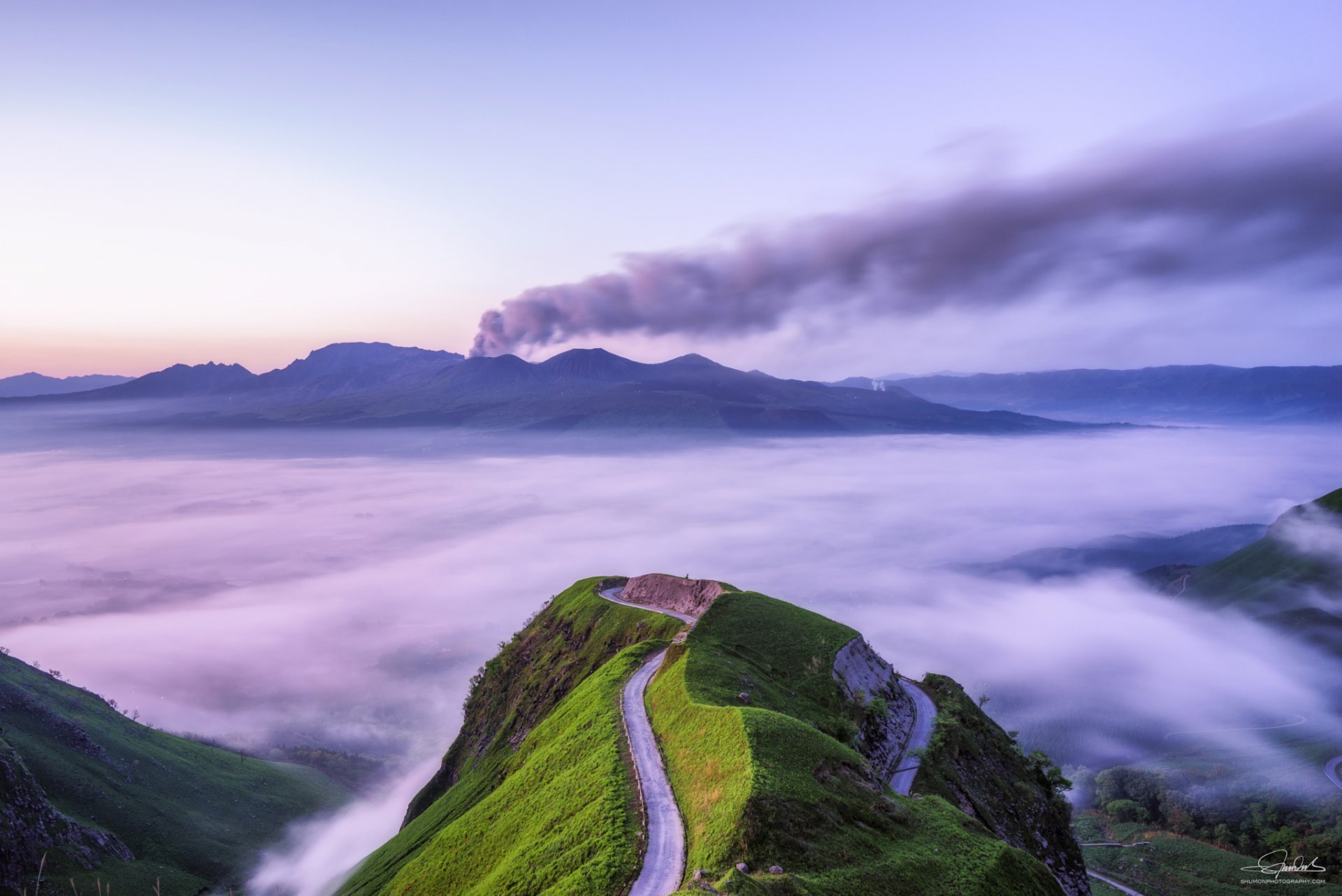 japan morning volcano mountain road