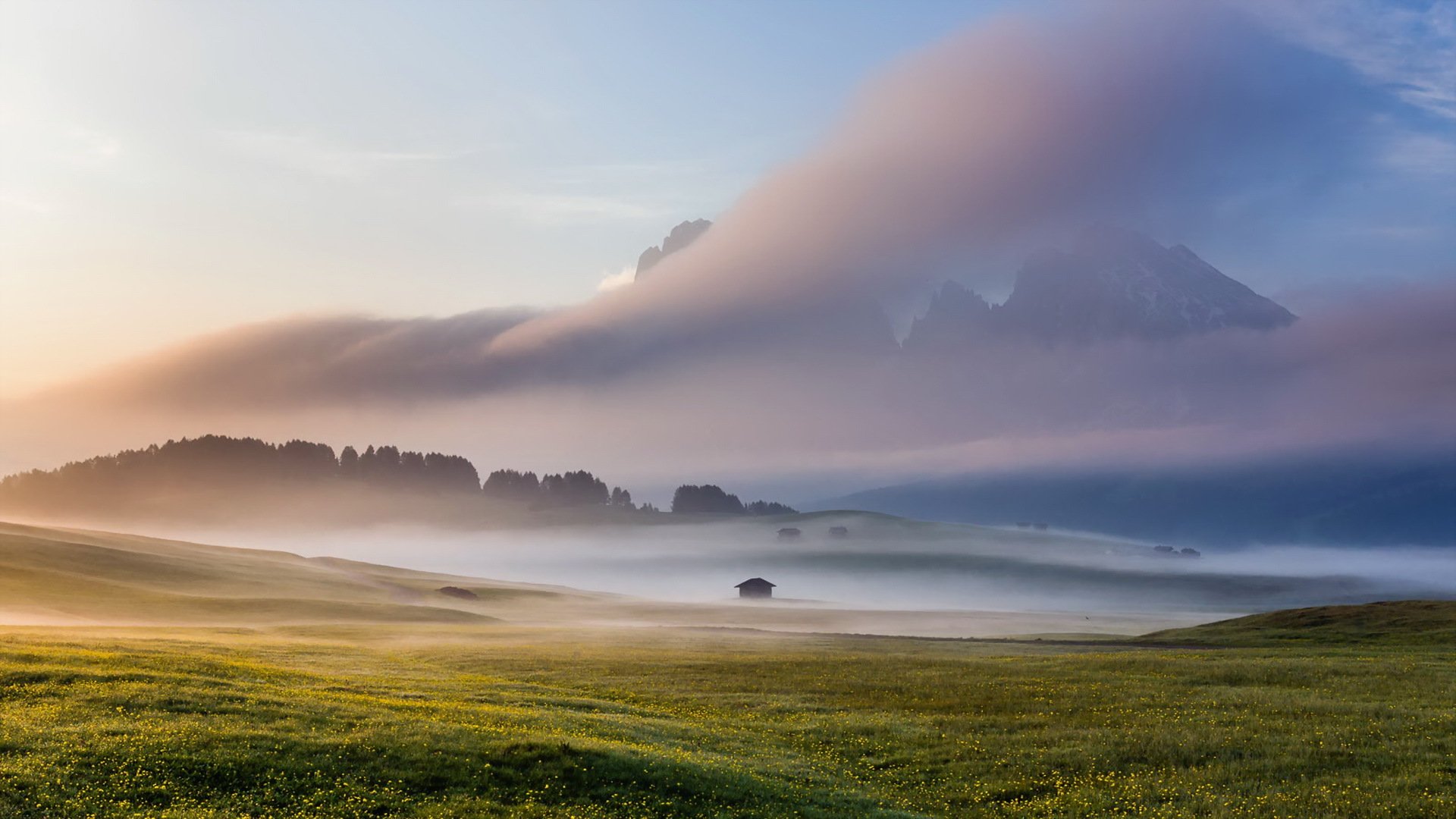 the field fog sky alpe di siussi dolomites italy