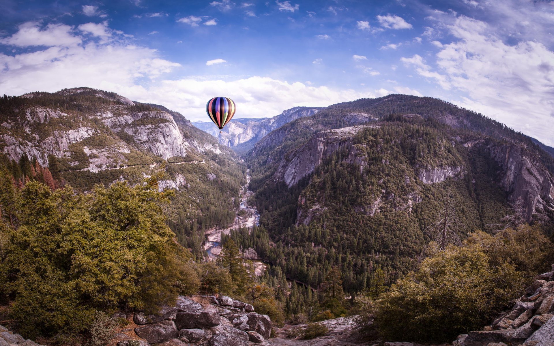 yosemite kalifornien bäume felsen ballon wolken natur