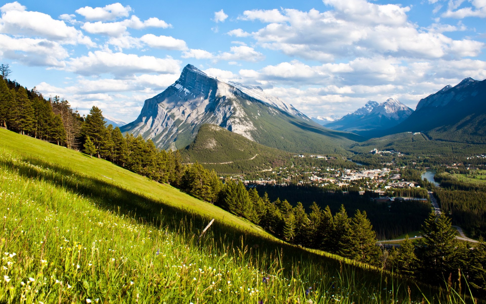 canada banff national park banff mountain forest valley river sun cloud