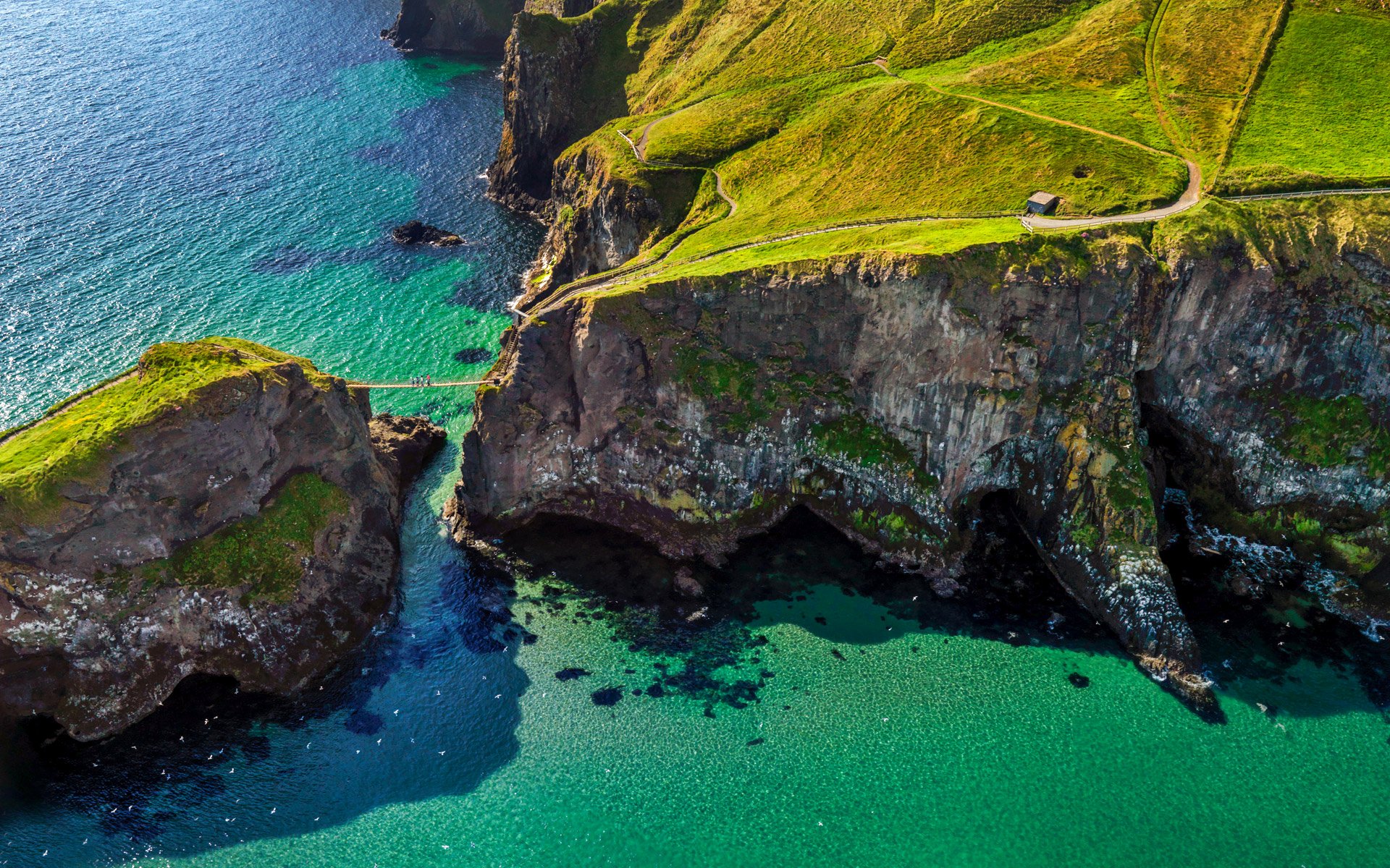 ballintoy carrick-a-reed irlanda del nord ponte di corda mare rocce strada persone