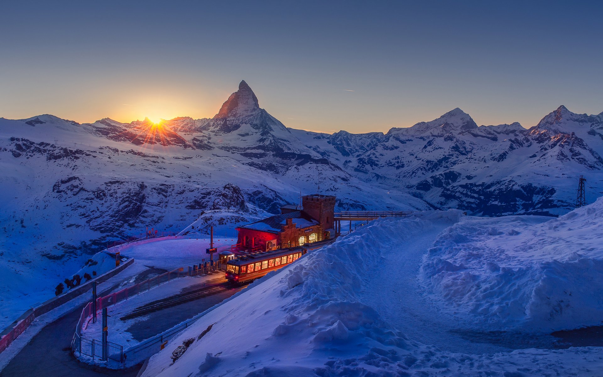 schweiz alpen berge himmel sonne sonnenuntergang resort winter februar