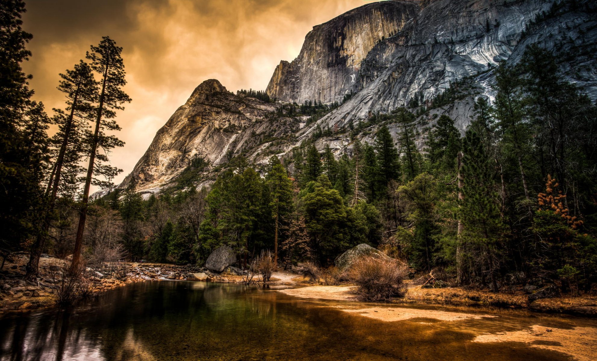 kalifornia yosemite park narodowy skały drzewa rzeka natura