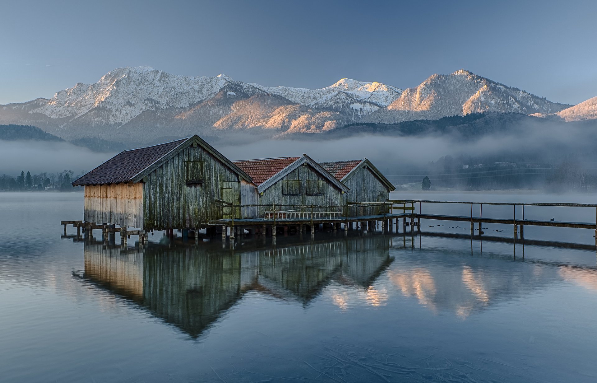 deutschland bayern himmel berge morgen see bootshäuser