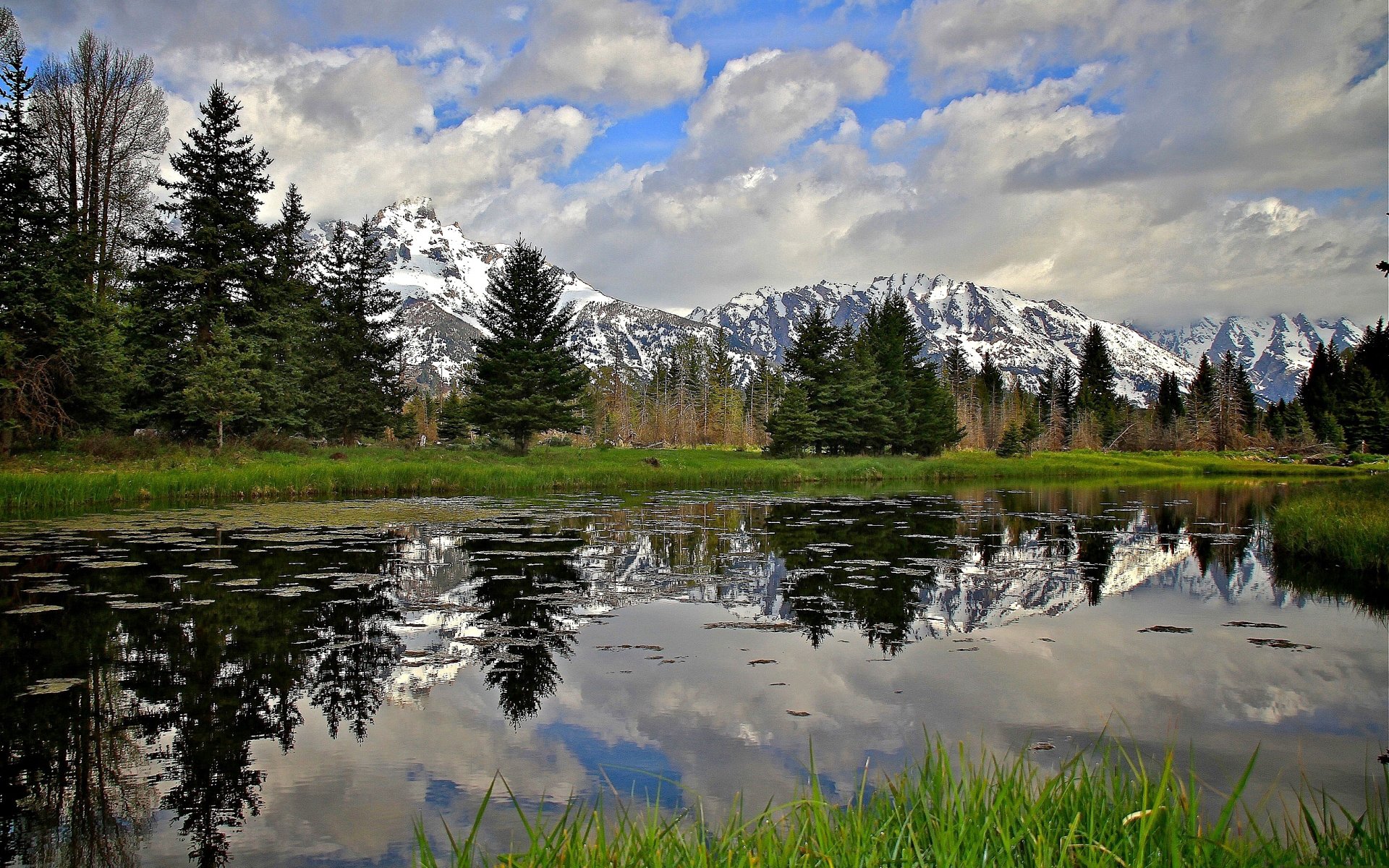 cielo nubes montañas nieve lago árboles abeto