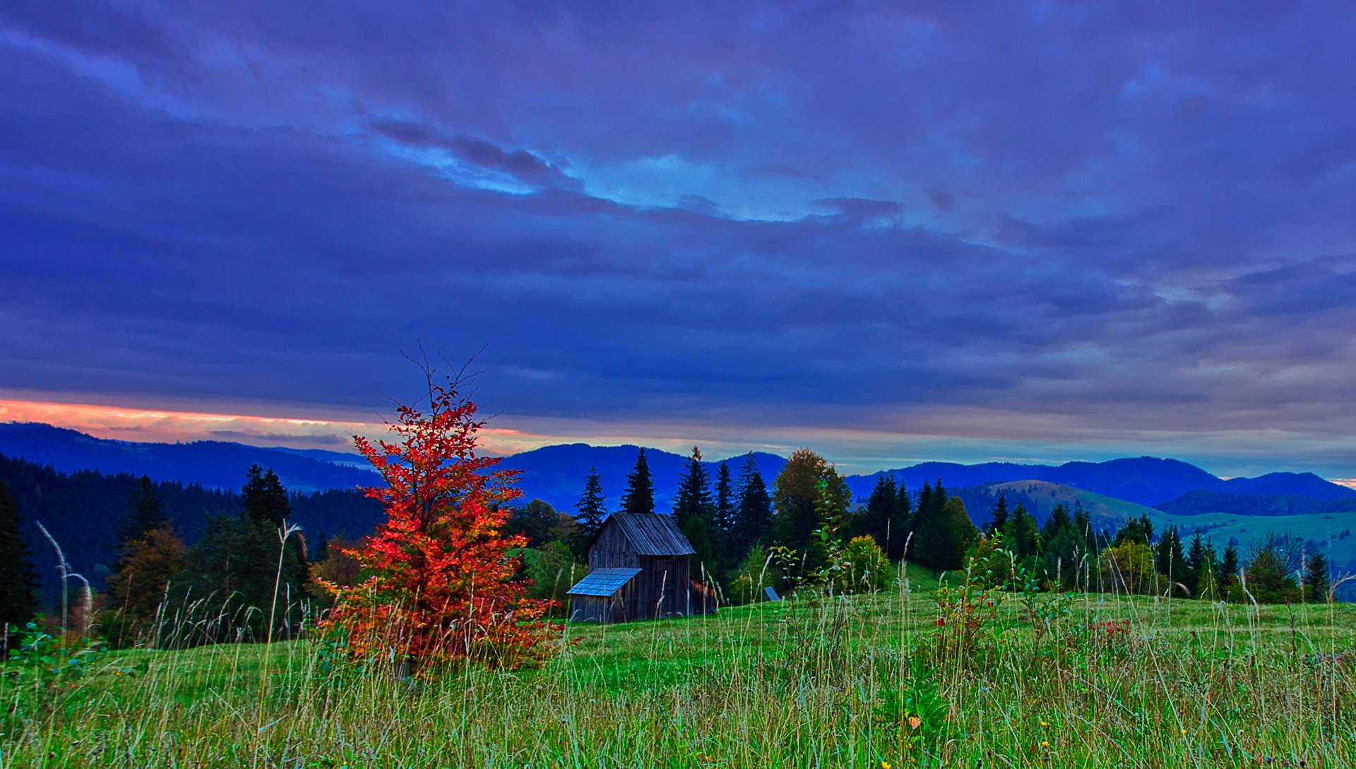 hdr rumunia niebo chmury chmury wieczór stok góry drzewa jesień natura