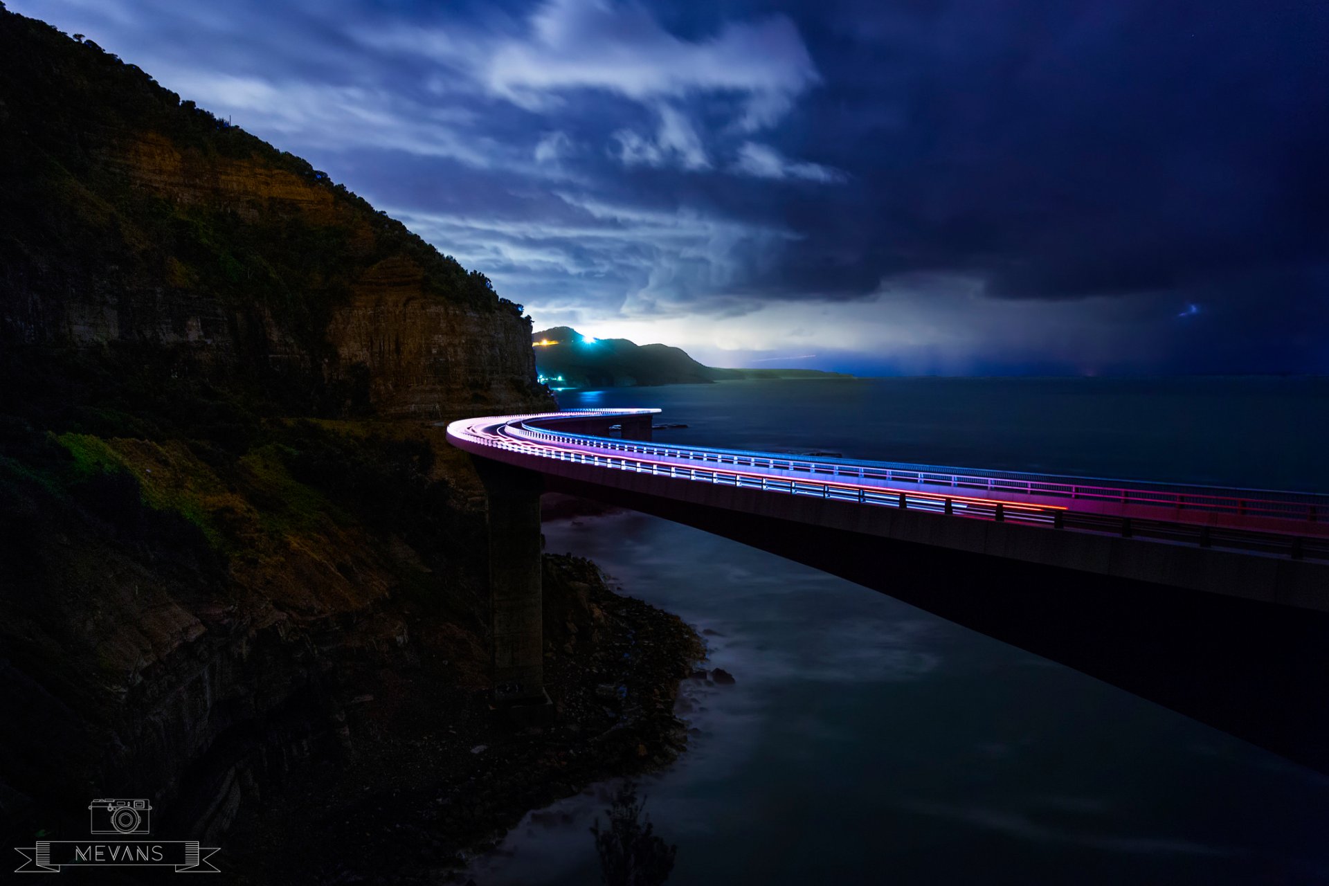 australia nuovo galles del sud illawarra sea cliff bridge ponte rocce oceano luci esposizione nuvole