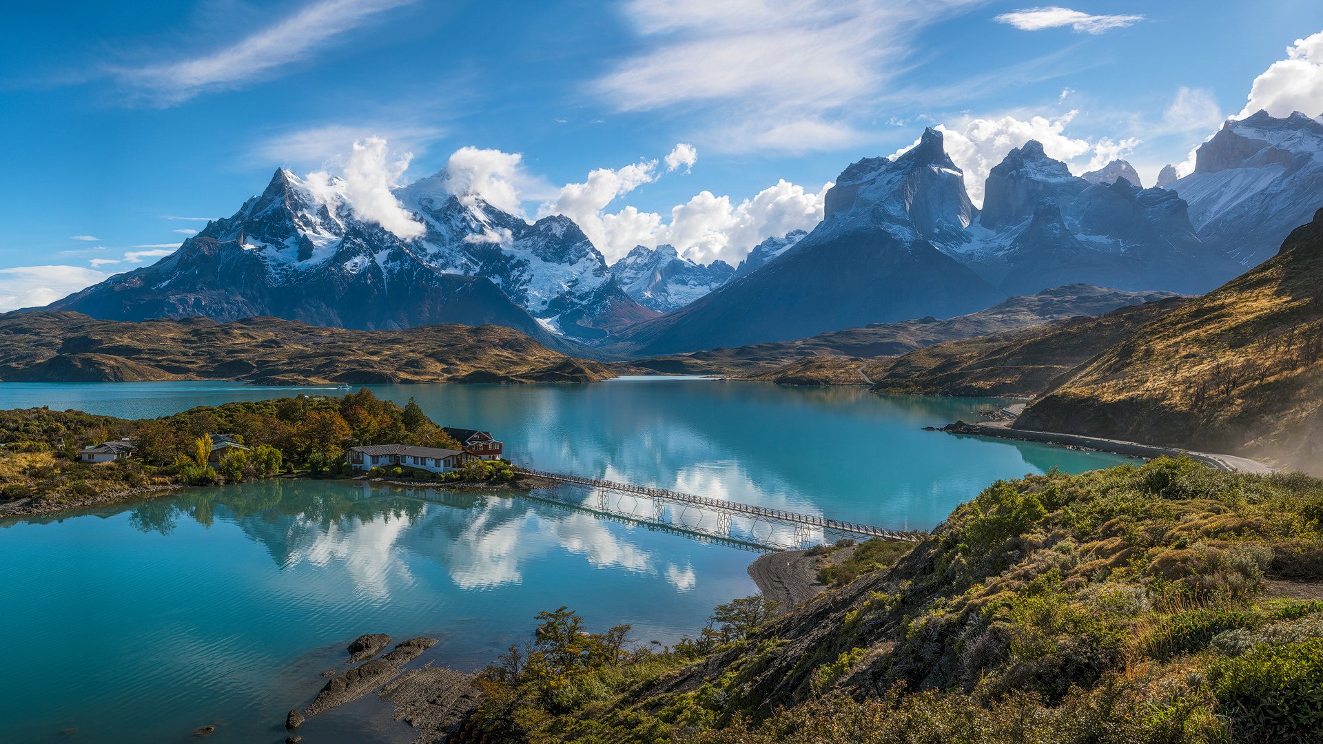 outh america chile patagonia andes mountains lake bridge island house