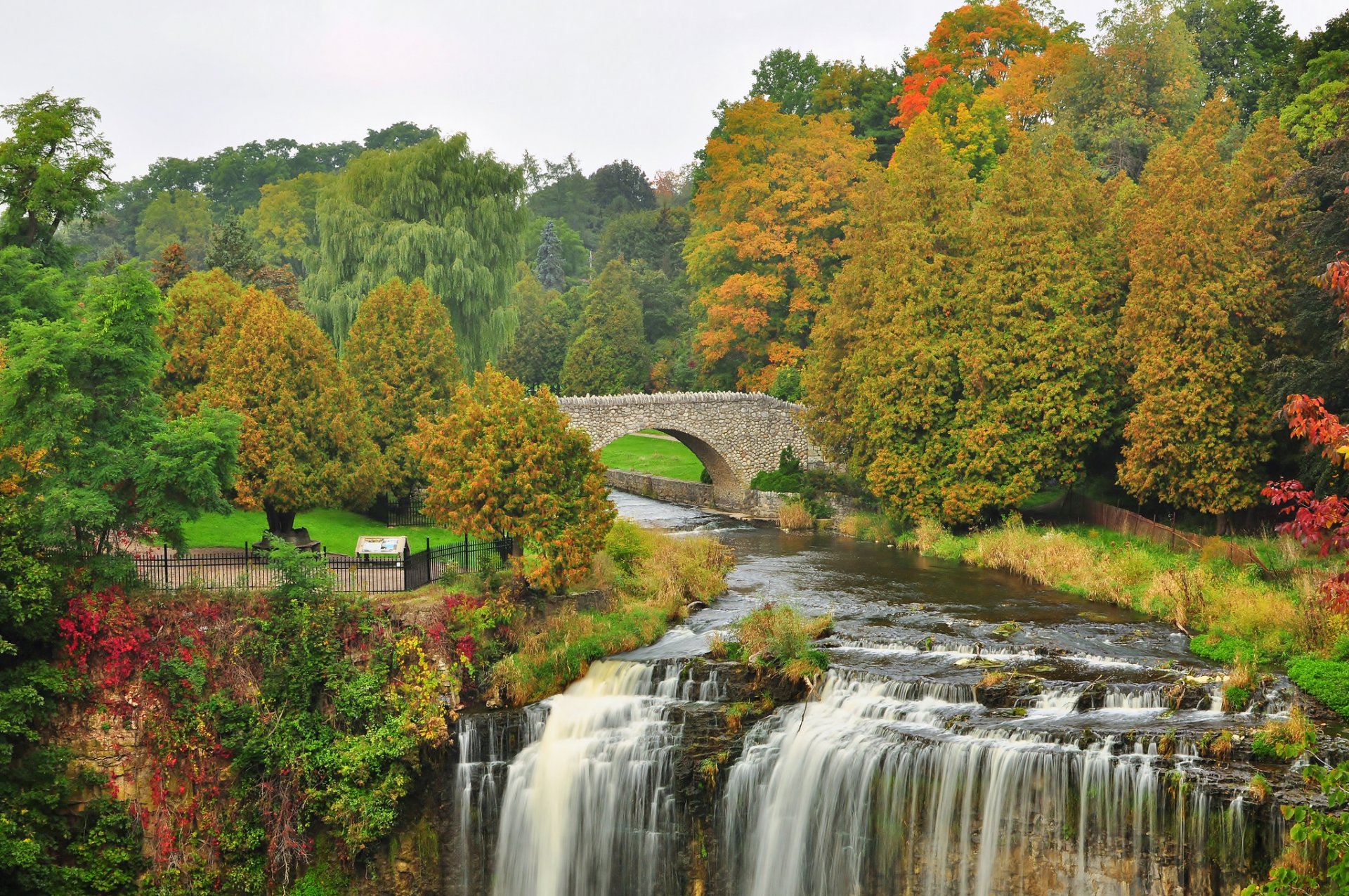 parc rivière pont cascade arbres automne