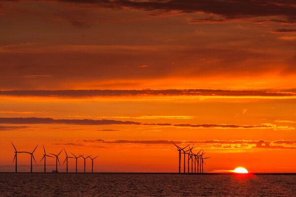 Windmühlen im orangefarbenen Sonnenuntergang