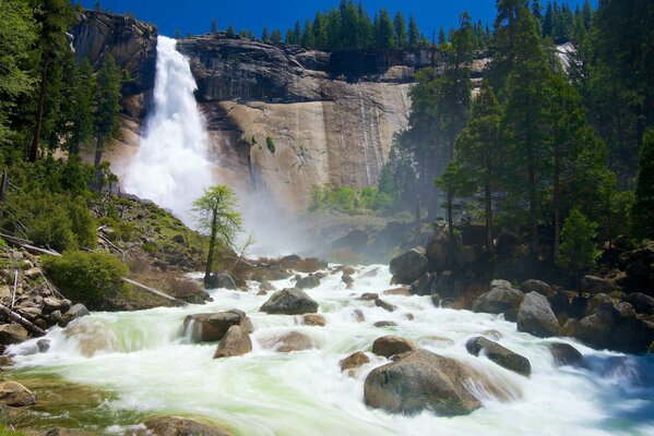 Belle cascade parmi les montagnes et la forêt