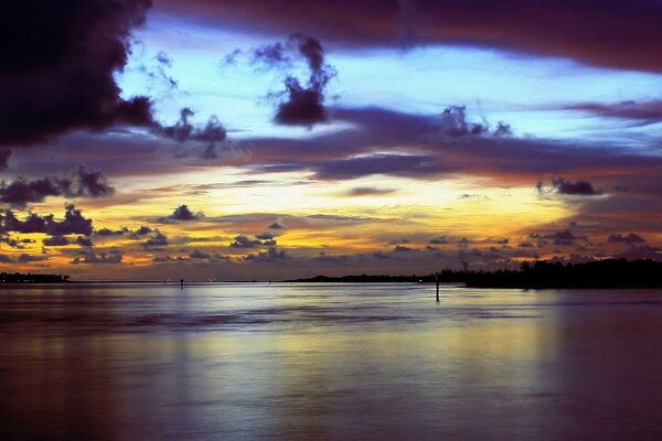 Multicolored sunset over the water surface