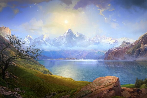 A lake among hills and blue mountains
