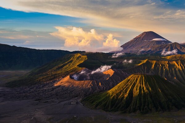 Volcanoes at dawn on the island of Java