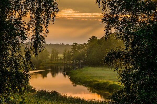 Suave puesta de sol a orillas del río