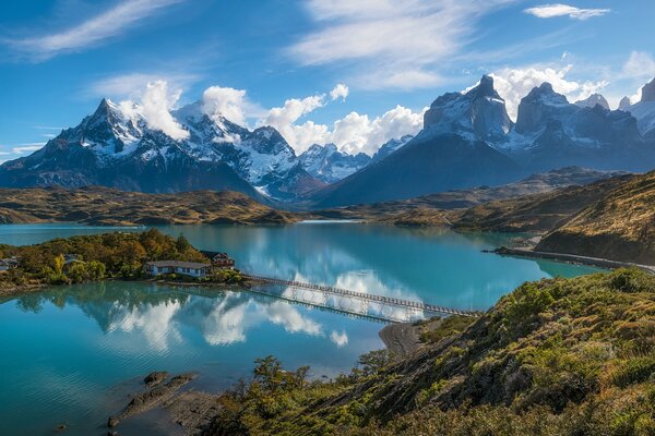 Reflection of snowy mountains and clouds in the lake