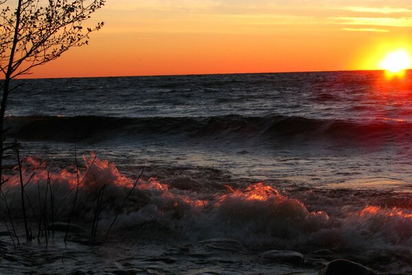 Splashes of waves on the background of sunset