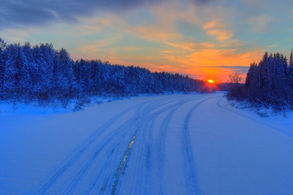 Puesta de sol de invierno en la carretera en el bosque