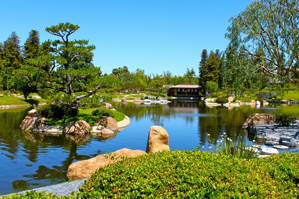 Blick auf das Haus am Teich, umgeben von Bäumen