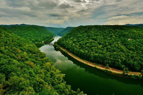 Une large rivière traverse le massif forestier