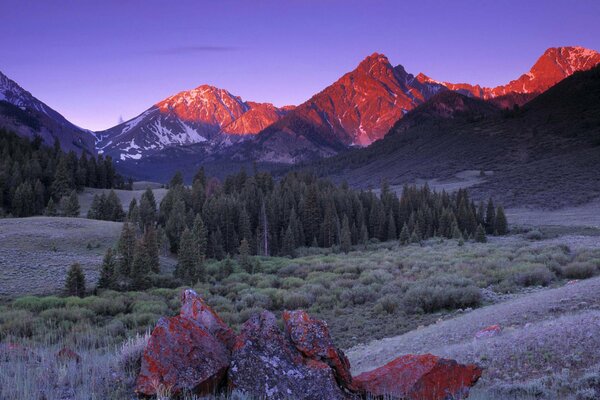 Sommets roses des montagnes au coucher du soleil