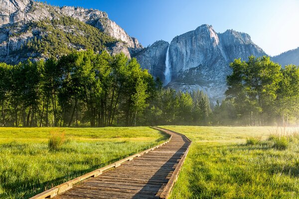 The path leading to the waterfall in California