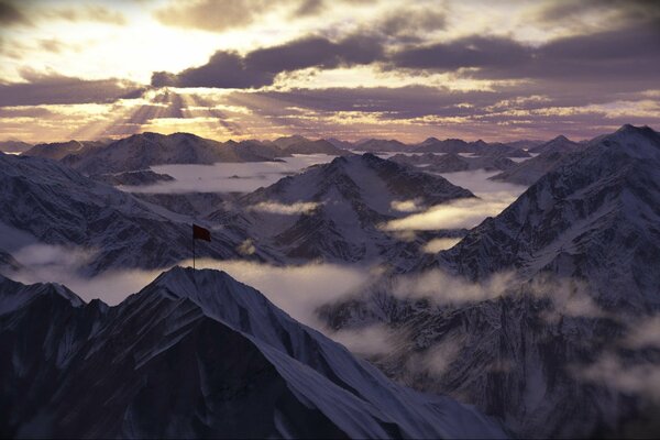 The picture where the sky fog mountains are depicted