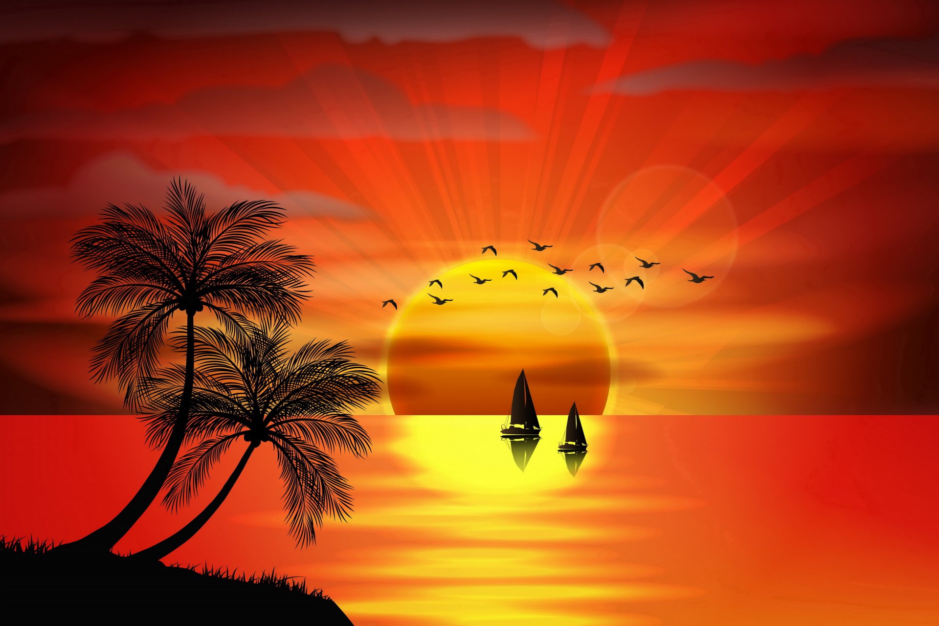 vector sunset sea paradise tropical island palm trees silhouette bird